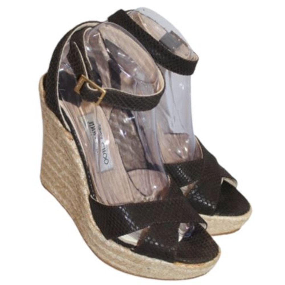 Jimmy Choo Brown Python Embossed Ankle Strap Wedg… - image 1